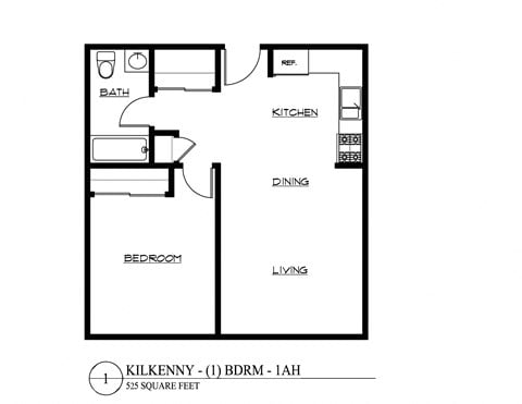 Floor plan for 1 bed, 1 bath, 525 sqft